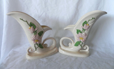 Hull Art Pottery CORNUCOPIA Horns Pink Floral Planter Vases (Set of 2) USA