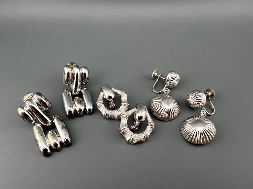 Lote de 3 Pendientes de Clip de Diseñador Vintage Tono Plata Colgantes Gota Todos Firmados Foto 4 de 4