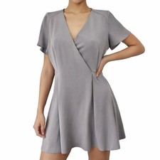 Anne Klein Faux Wrap Dress Womens 10 Grey Modest Neutral Pleated Layering Office