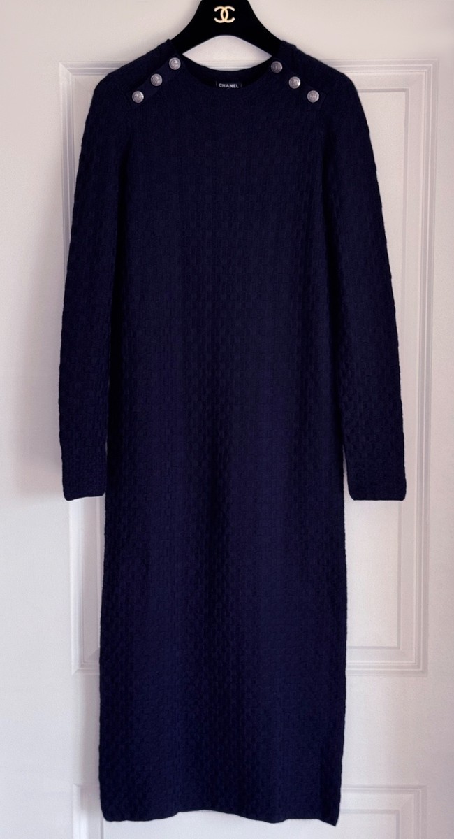 chanel knit dress NWT 18A HAMBURG NAVY BLUE SILVER BUTTONS CASHMERE SILK 34 XS animal costumes