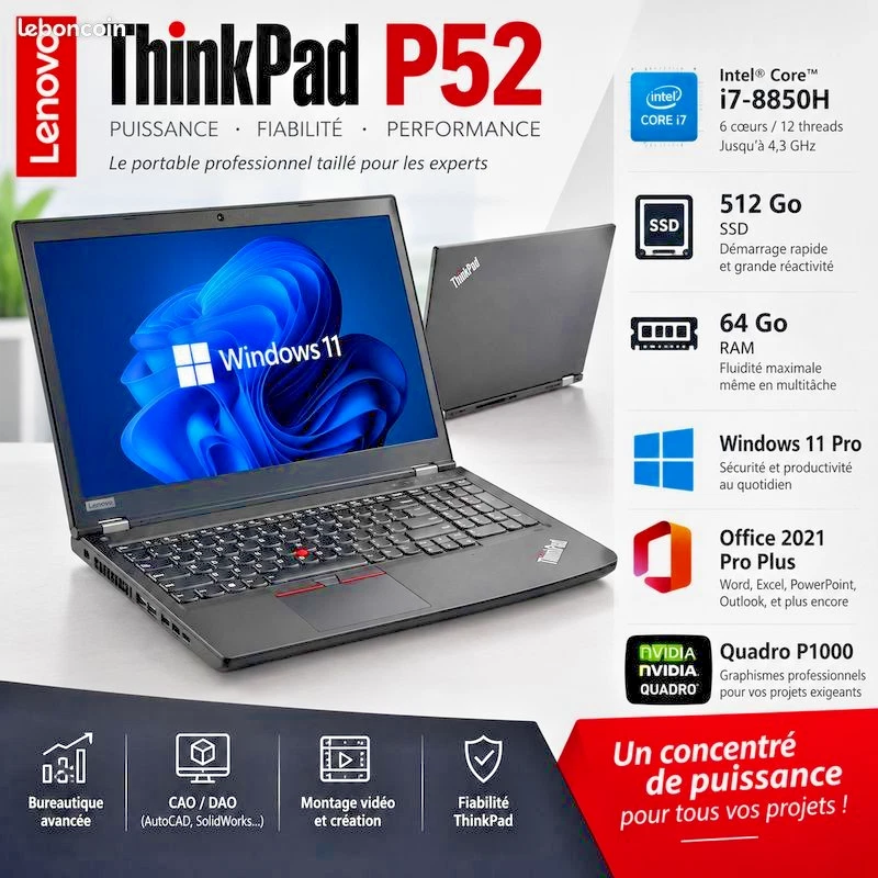 Lenovo ThinkPad P52 · i7-8850H · 64GB · 715GB, photo 1 sur 5