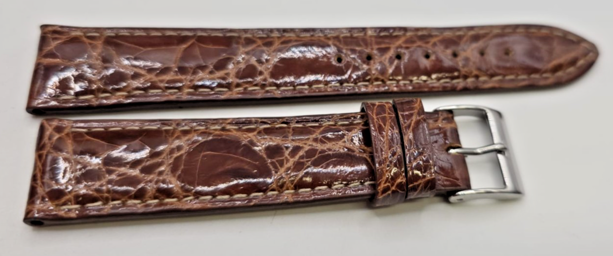 Precious Crocodile Strap Dark Gold Glossy mm18/16 Ecru Stitching Handmade