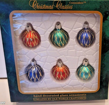 Vintage Set Of 6 Round Christmas Classics Hand Decorated Glass Ornaments