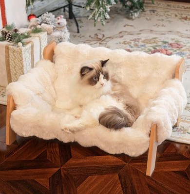 Raised Cat Bed, Elevated Wooden Cat Sofa Fluffy Pets Lounge Chair, off-White