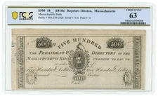 18XX Massachusetts Bank $500 Abner Reed Proof NOT REPRINT PCGS 63 MA270-G428