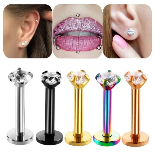 Titanium Ear Helix Tragus Cartilage Earring Lip Crystal Bar Stud Body Piercing ↕ - Picture 3 of 26