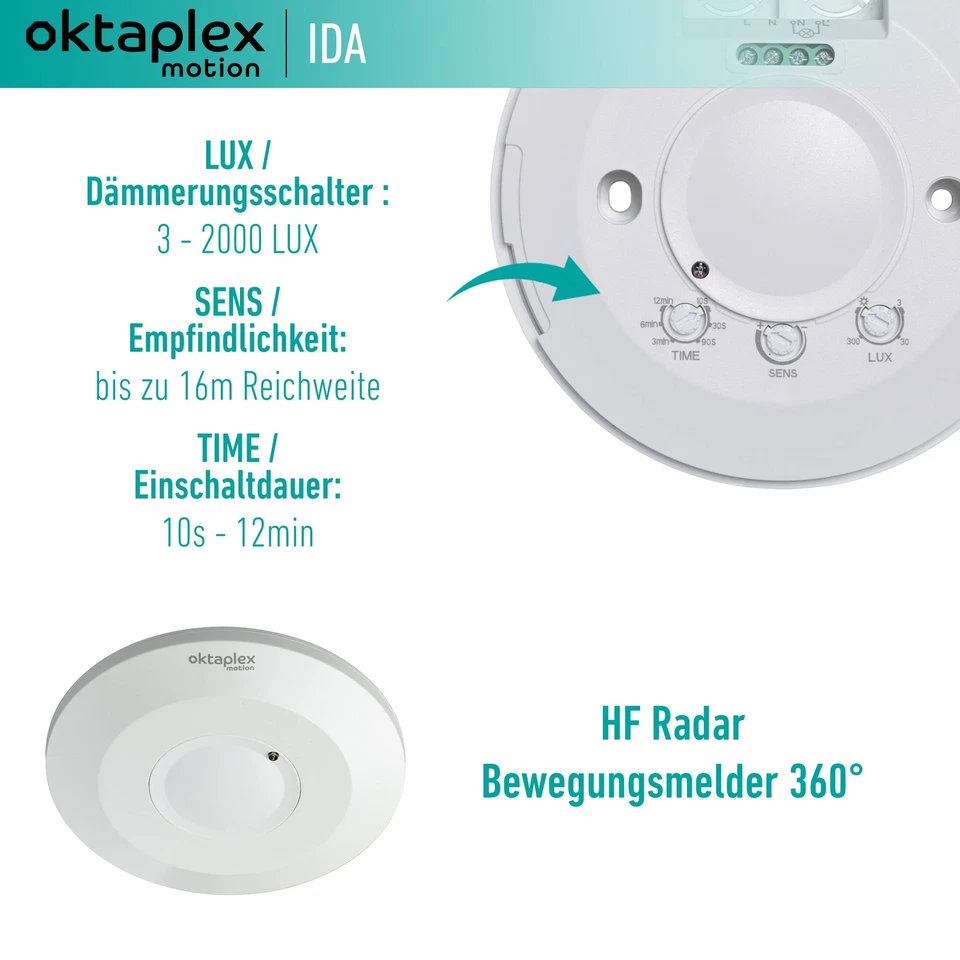 Oktaplex Ida Decken-Bewegungsmelder flach 360° Hochfrequenz-Sensor 2-16m Reic... - Bild 2 von 4