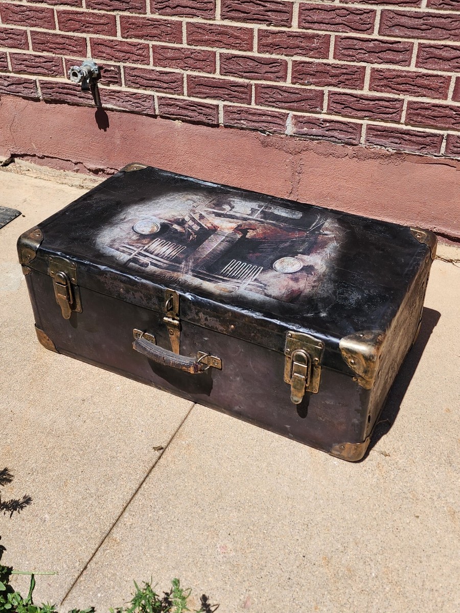 Antique Metal Trunk, Suitcase Style. Redone. Black & Copper. Old