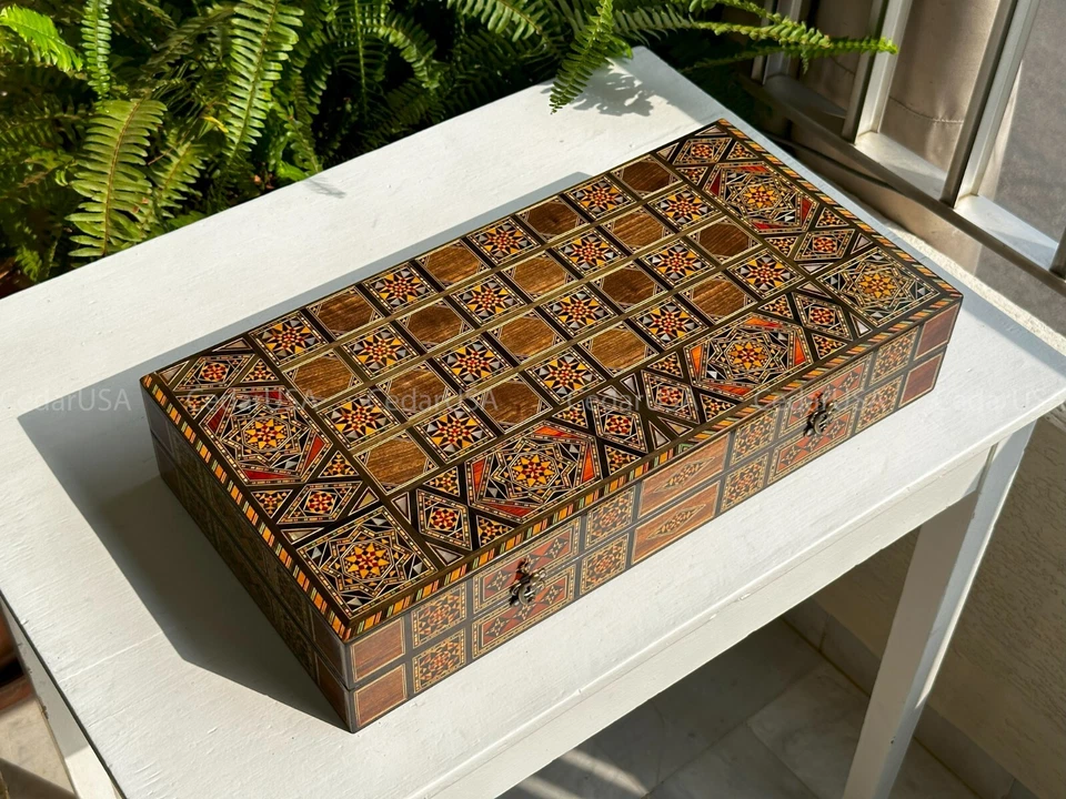 Tawla Backgammon Board and Chess Set From Lebanon - Handmade Real Pearl Inlays - Image 3 of 4