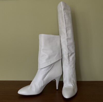 Vtg Sz Italian 70s 80s White Leather Slouch Dress Boots Designer  Chantel