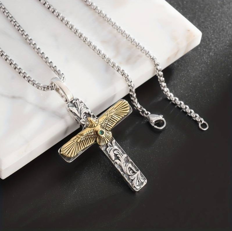 Kreuz Anhänger mit einem Adler in Gold Edelstahl Halskette vintage Unisex