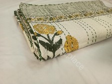 Beautiful Yellow Floral Print King Size Bedspread Cotton Kantha Quilt Throw