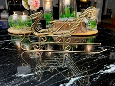 Gold Metal Santa Christmas Sleigh Centerpiece Holiday Decor Table Mantle 18”