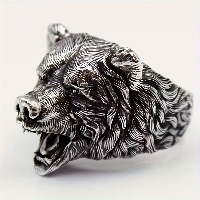 Anello Testa di Orso Fascia Forza Animale Natura Gioielli Argento foto 2