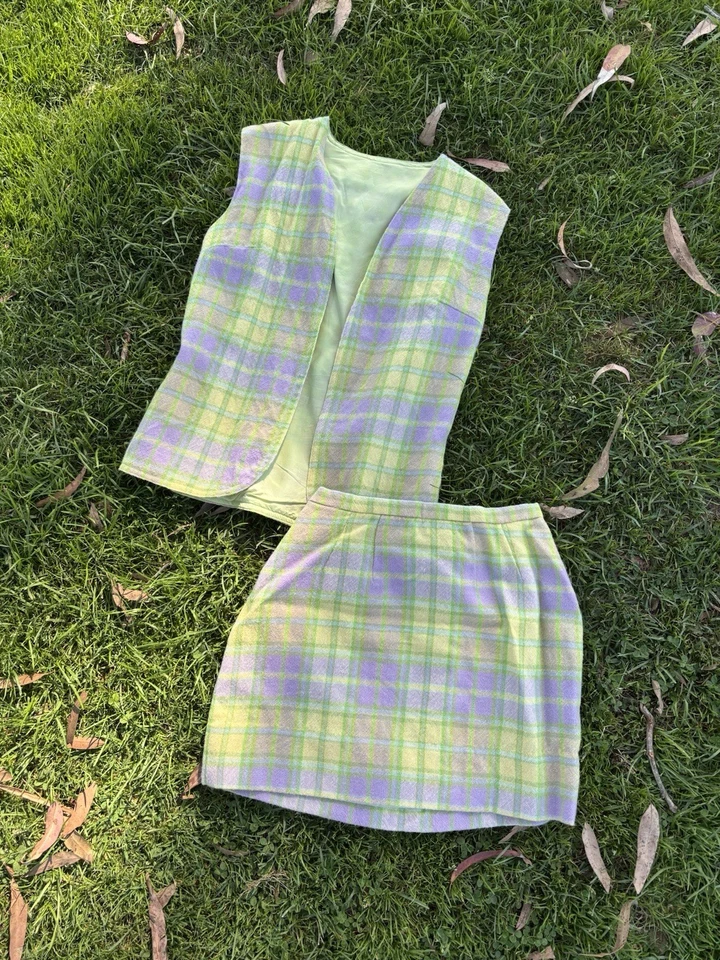 Minifalda y chaleco vintage años 60 70 pastel púrpura y verde 2 piezas mod hippie gogo💕 Foto 2 de 4