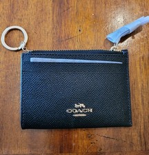 Coach Black Leather Zip ID/Document Holder Card Case Key Ring Logo