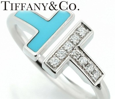 Tiffany & Co. T Türkis Diamant K18 Weißgold Drahtring US 5 Ring gebraucht