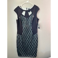 NWT Y2K JAX Women Black White Geometric Sheath Dress Size 16 Leather Cocktail