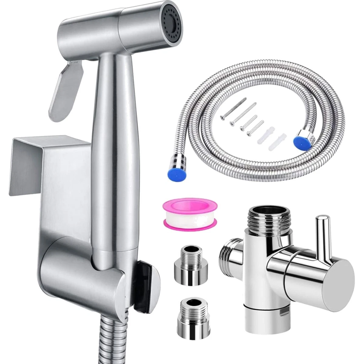 WC Ducha de Mano Bidé Acero Inoxidable 150cm Manguera 3 Vías Válvula Plata Montaje en Pared