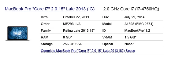 Apple MacBook Pro A1398 15" Laptop w/ i7-4750HQ 2.0GHz CPU 8GB RAM No SSD - Image 4 of 4