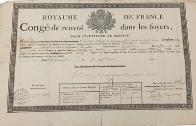 09/25 (CRB404) Altes Militärdiplom Königreich FRANKREICH Urlaub von 1828