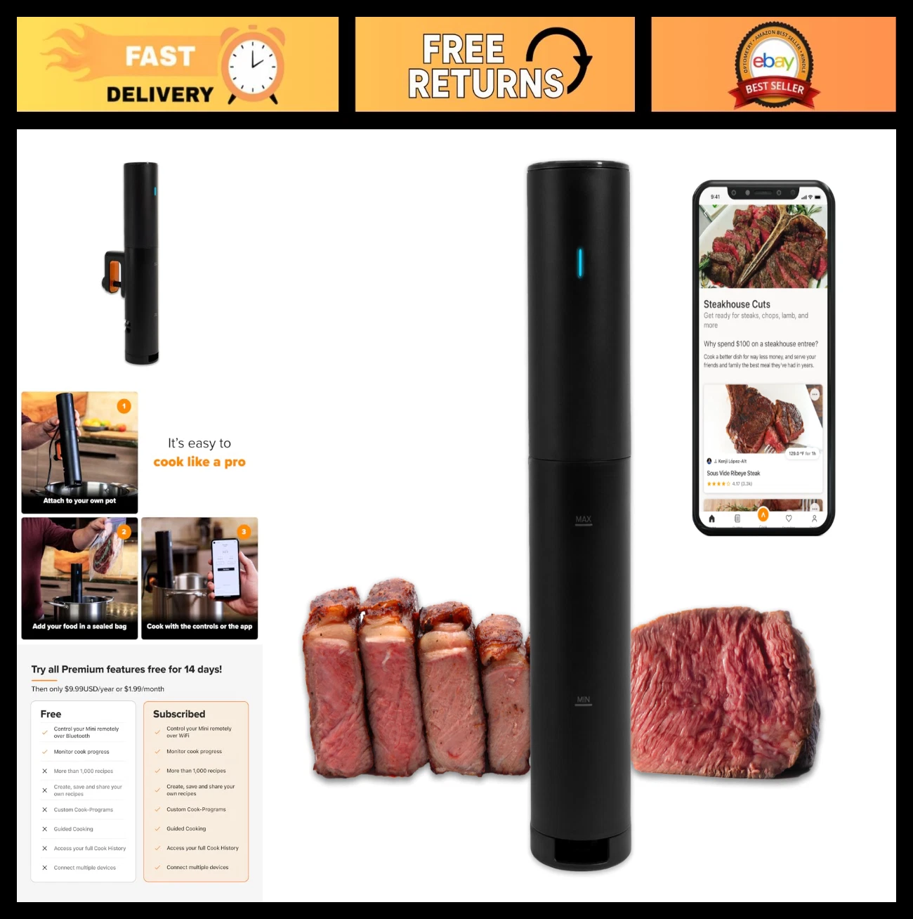 Sous Vide Precision Cooker Mini 850W, App Enabled, Compact Kitchen Gadget, 2024
Opens in a new windo