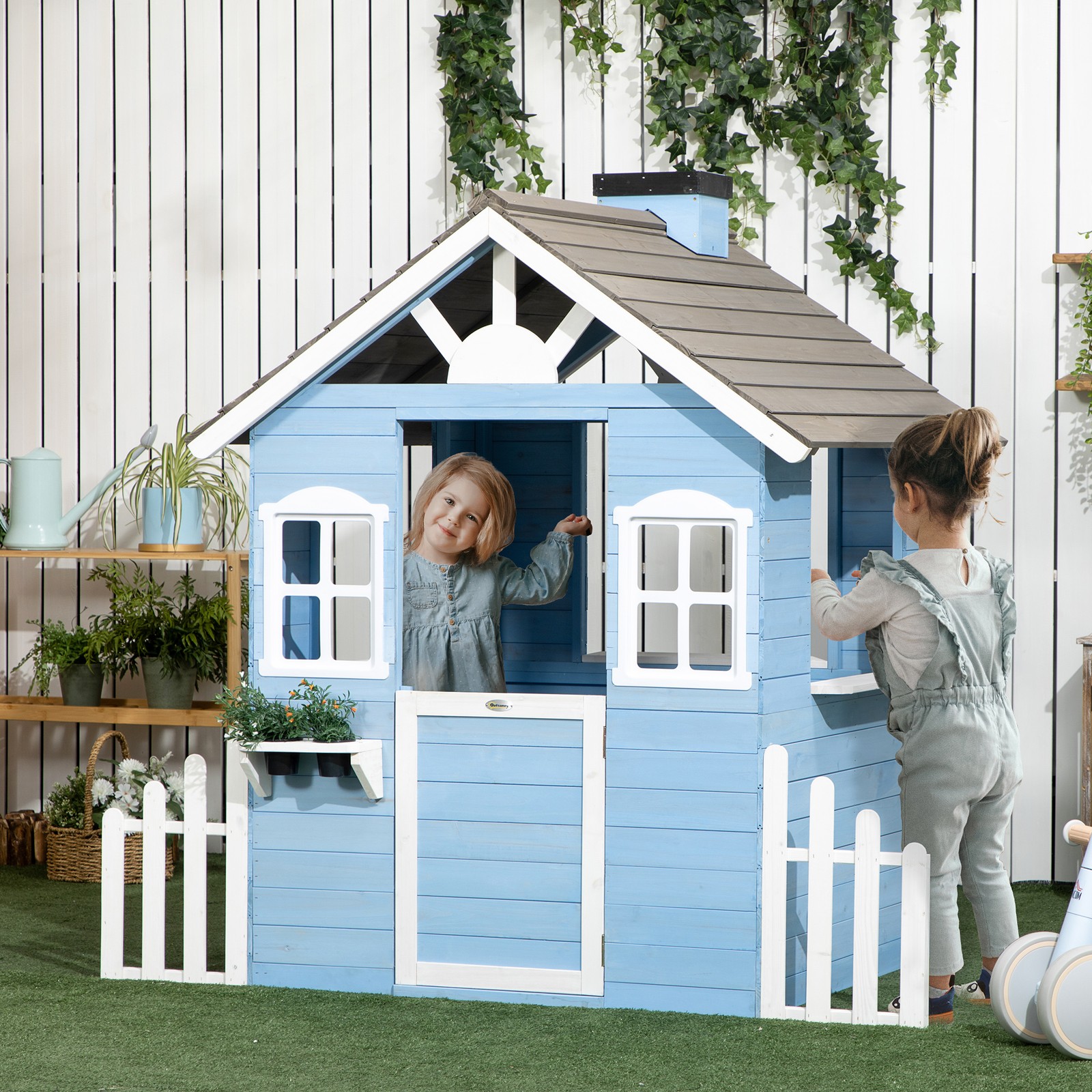Wooden Playhouse for Kids Outdoor with Flower Pot Holders, Blue