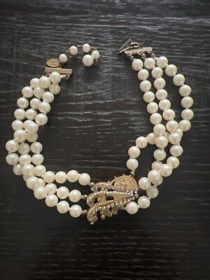 Miriam Haskell Vintage Faux Pearl And Gold Tone Signed Necklace
