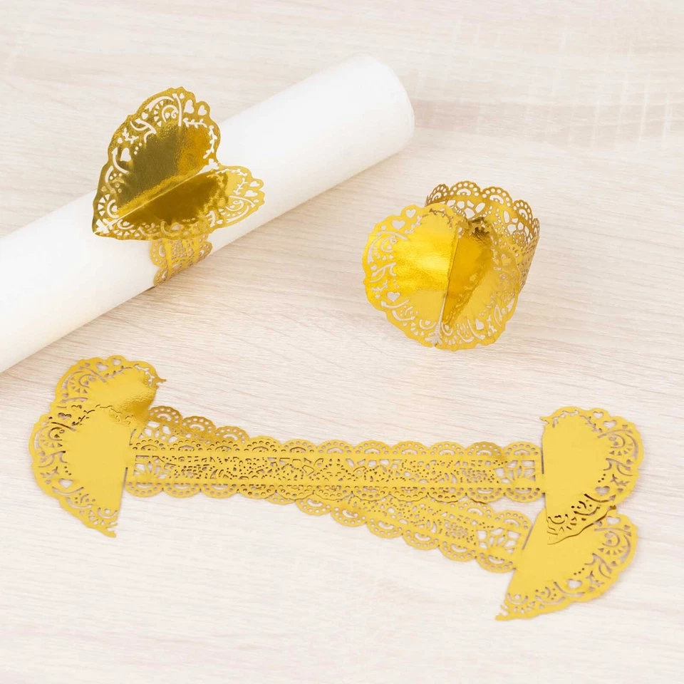 12 GOLD Shimmery Laser Cut Heart Paper Napkin Rings with Lace Pattern Wedding - Изображение 4 из 4