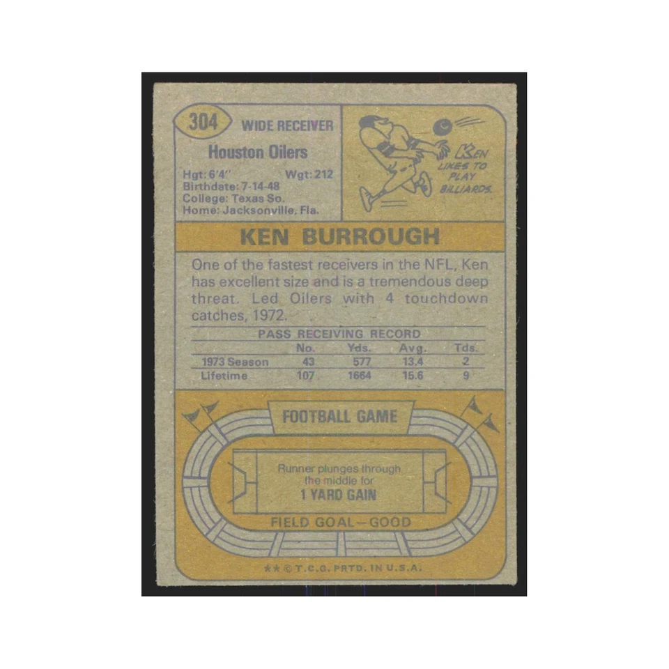 1974 Topps Ken Burrough Houston Oilers #304.0 - Image 2 of 3