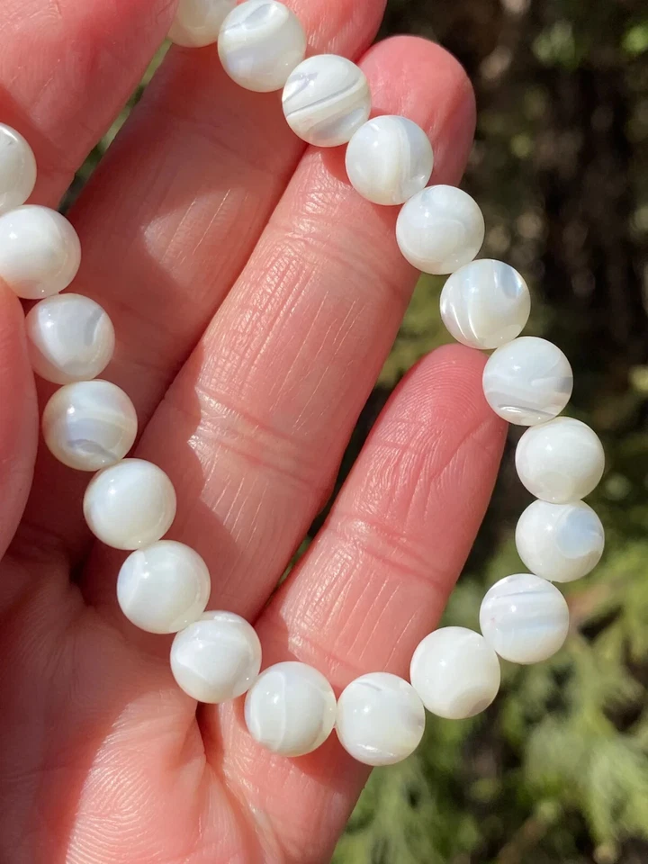 8mm Large Mother of Pearl Beaded Bracelet June Birthstone Reiki Women Gift - Image 3 of 4