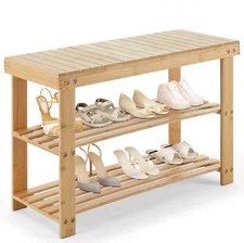 3 Tier Bamboo Shoe Rack Bench Storage Slatted Stand Organiser Shelf Bench Holder
