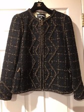 CHANEL 16A NEW TWEED BLACK GOLD JACKET GOLD BRAIDED TRIM GOLD ZIP FR40 $9K SALE