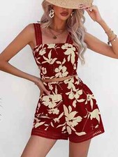 Women's Lace Edge Suspenders Two Piece Set Summer Printed Shorts Outfit