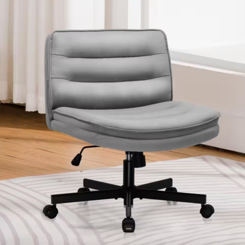 Gray PU Leather Armless Office Desk Chair, Criss Cross Wheels, Adjustable Height