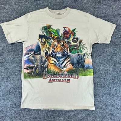 VINTAGE Nature Shirt Mens Medium Beige Endangered Animals Habitat Tiger Zoo Y2K
