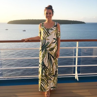 chinese dress ladies Printed Cold Shoulder Short Sleeve Maxi Dress Navy / M