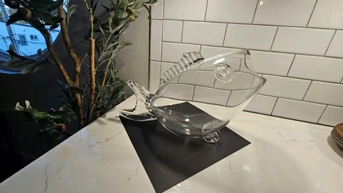 Big Mouth Fish Blenko Inspired Hand Blown Clear Art Glass Figural Vase Sculpture