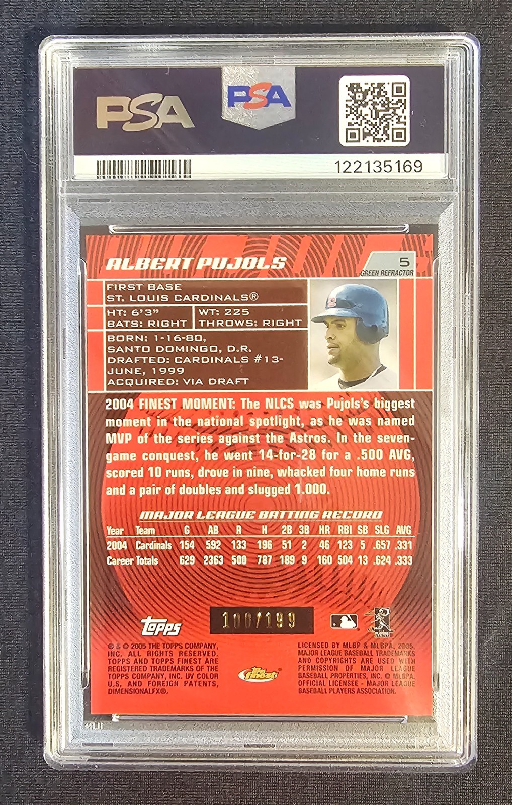 2005 Topps Finest Green Refractor #5 Albert Pujols /199 Mint PSA 9 view 2