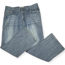 Flypaper Jeans Mens 38x32 Blue Distressed Bootcut Denim Whiskered Green Thread