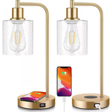 Set of 2 16 In. Wireless Charging Industrial Table Lamp, Gold