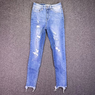 KanCan Jeans Womens 25 Blue Distressed Skinny High Rise Raw Hem Festival Grunge