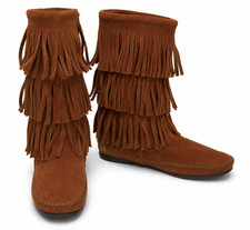 Minnetonka Womens Moccasin Mid-Calf Boot Size 7M Brown Suede Tiered Fringe Trim
