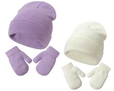 Toddler Beanie Hat and Mittens Set - Newborn to 3-24 Months, White Purple