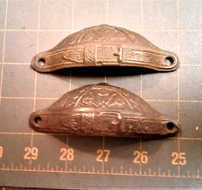 Antique Pair Cast Iron Bin Drawer Pulls Arts and Crafts Style Belt with Buckle 