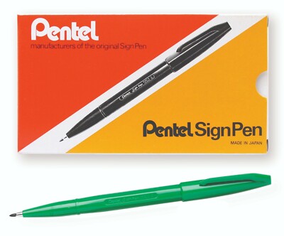 S520-D Pentel Sign Pen Stick Marker, Fine Point, Green Ink, Pack