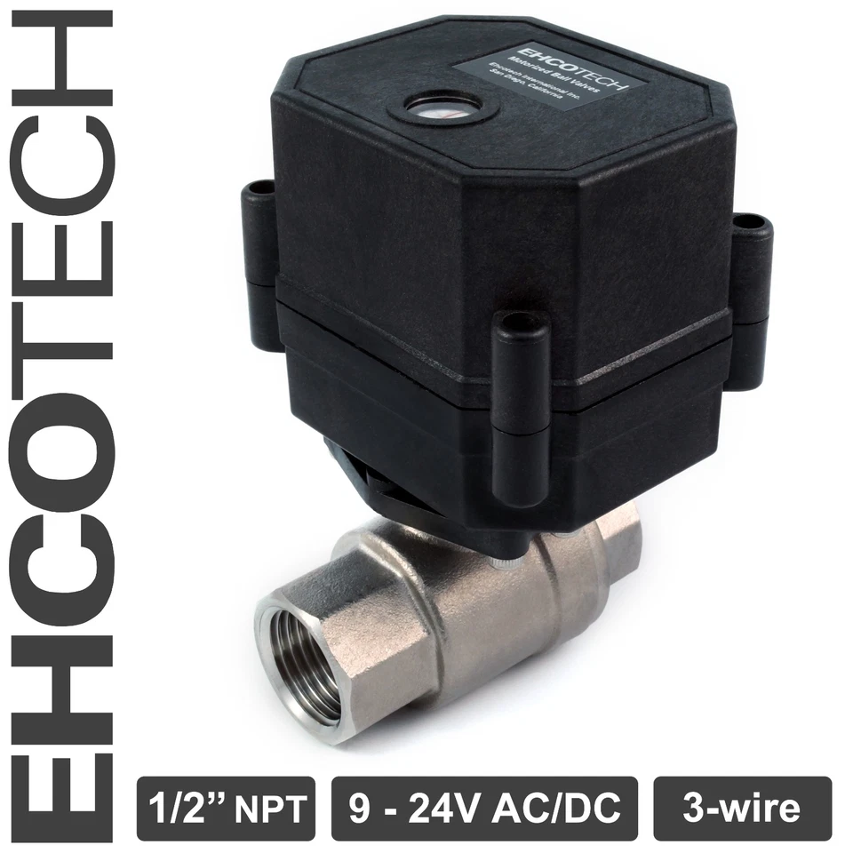 EHCOTECH 1/2" NPT Motorized Ball Valve 9, 12V to 24V AC / DC 3-wire Stainless Steel EPDM