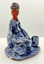 Vintage Clay Art Pottery Figure Sitting w/Pots Primitive Blue Speckled Glazed