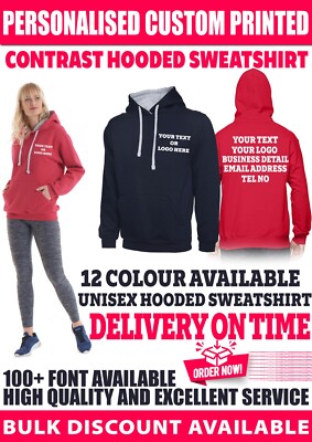Personalisiert individuell bedruckt Ihr Logo Text Kontrast Kapuzenpullover Unisex