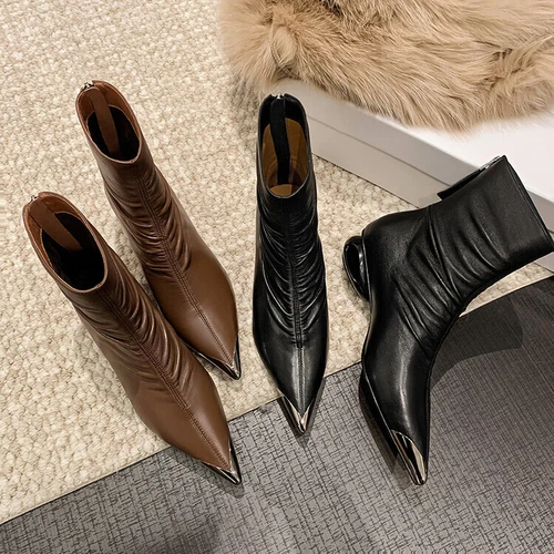 Womens Leather Metal Pointy Toe Draped Mid Heel New Bootie Ankle Boots Shoes - Bild 2 von 17